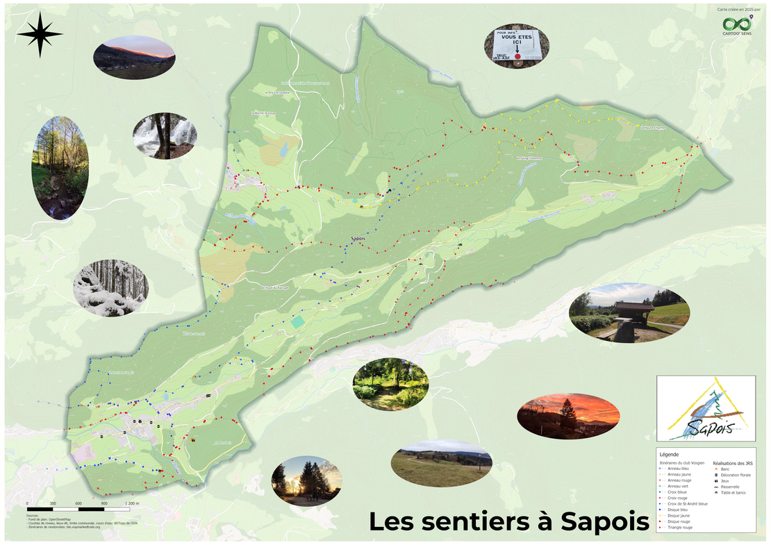 La carte des itinéraires de randonnées sur un village Vosgien